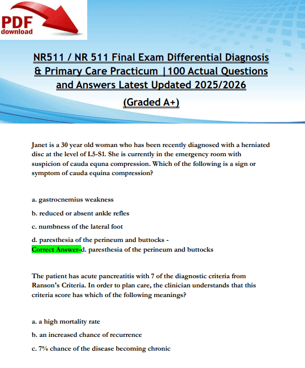 NR511 / NR 511 Final Exam Differential Diagnosis & Primary Care Practicum |100 Actual Questions and Answers Latest Updated 2025/2026 (Graded A+)