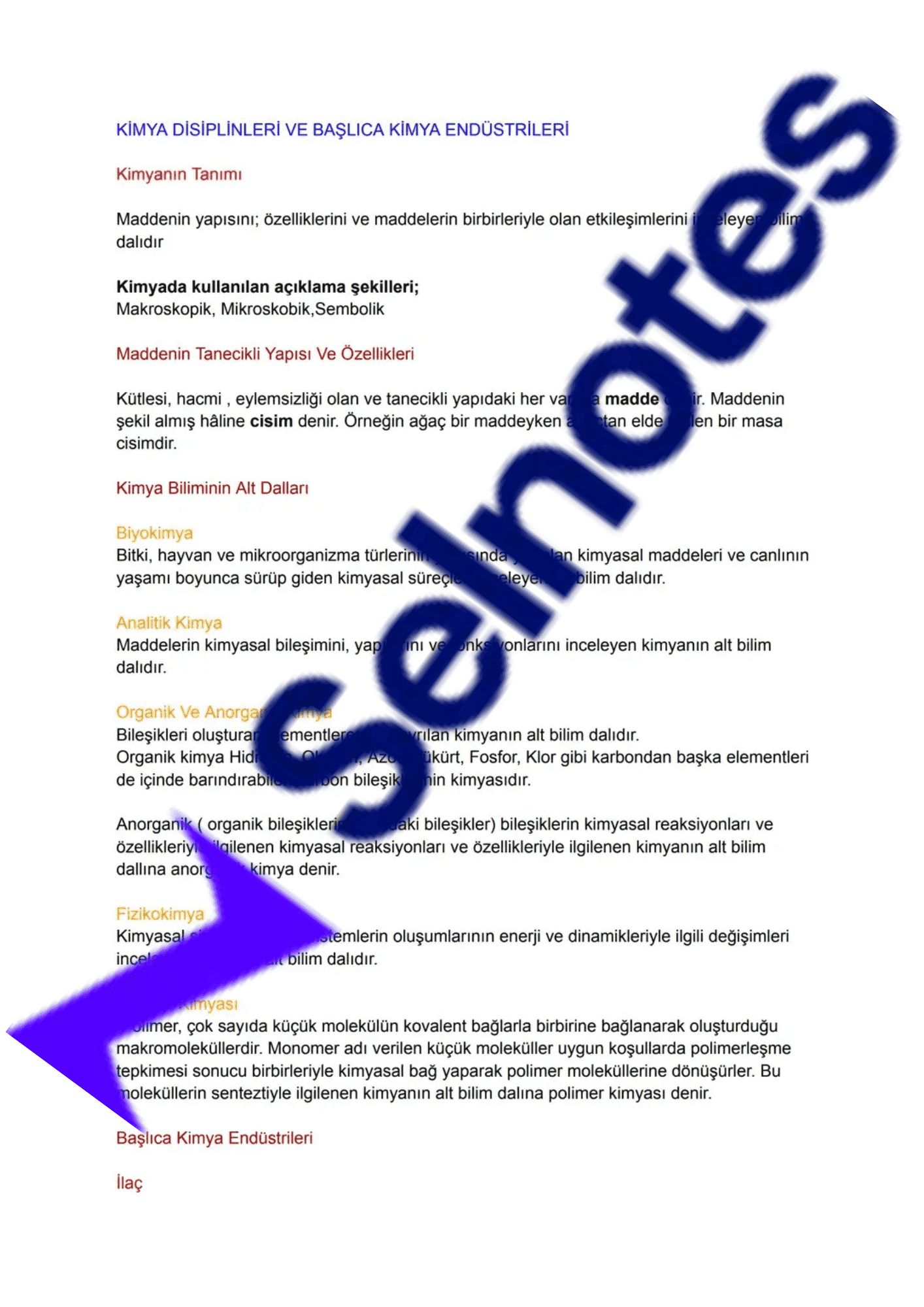 9. Sınıf Kimya Ders Notu